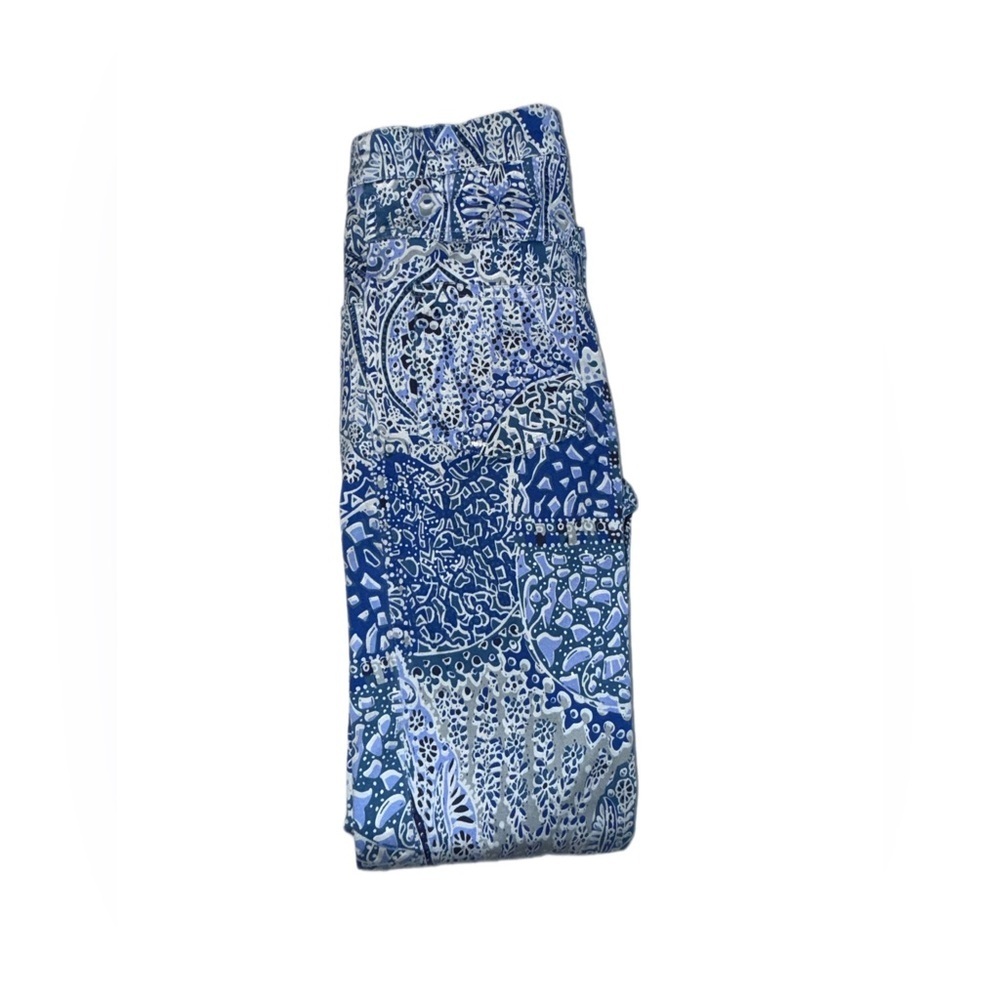 Gretchen Scott Designs Blue Print Stretch Pants Size 00 Shrimp Cotton Skinny - Picture 3 of 7